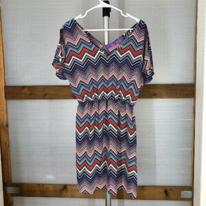 JOLIE Zigzag Chevron Multicolour V-Neck Peek-a-boo Shoulder Mini Dress Sz S‎